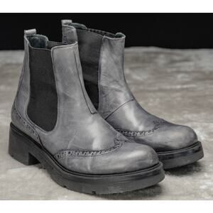 Miz Mooz Gray Leather Chelsea Booties with Wingtip Detailing